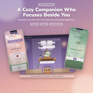 Könnte beinhalten: Eine digitale Benutzeroberfläche für Mist's Focus Companion, eine Pomodoro-Timer-App auf Smartphone und Desktop. Das Design zeigt eine kleine Kreatur, Aufgabenlisten, Sitzungszusammenfassungen und einen Mind-Garden-Tracker in sanften Lila- und Grüntönen.
