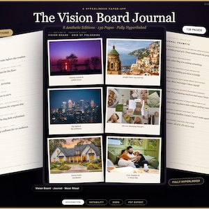 May include: A digital PDF planner titled The Vision Board Journal with 139 pages and 8 aesthetic editions. The interface displays a grid of polaroid-style images including landscapes, city lights, a house, and people, alongside pages with text prompts.