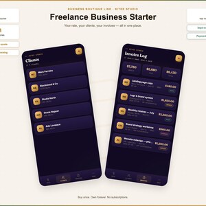 Könnte beinhalten: Eine digitale Benutzeroberfläche mit dem Titel Freelance Business Starter, die zwei mobile Bildschirme zeigt. Der linke Bildschirm zeigt eine Kundenliste, während der rechte Bildschirm ein Rechnungsprotokoll mit Finanzdaten anzeigt. Das Design bietet dunkelviolette Hintergründe mit goldenen Akzenten und weißem Text.