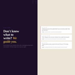 Pode incluir: Um design de site com um esquema de cores roxo escuro e creme. O texto diz: "N&atilde;o sabe o que escrever? N&oacute;s guiamos voc&ecirc;" com exemplos de prompts de escrita. A imagem foi projetada para ajudar na cria&ccedil;&atilde;o de conte&uacute;do web.