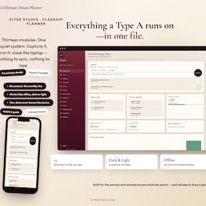 Peut inclure: Une interface de planificateur numérique affichée sur un écran d'ordinateur portable et un smartphone, avec une barre latérale marron foncé et un tableau de bord beige clair. Le texte inclut "The Type A's Ultimate Dream Planner," "Everything a Type A runs on—in one file," et "Thirteen modules. One quiet system. Capture it, run it, close the laptop—nothing to sync, nothing to lose."