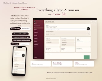May include: A digital planner interface displayed on a laptop screen and a smartphone, featuring a dark maroon sidebar and a light beige dashboard. Text includes "The Type A's Ultimate Dream Planner," "Everything a Type A runs on—in one file," and "Thirteen modules. One quiet system. Capture it, run it, close the laptop—nothing to sync, nothing to lose."