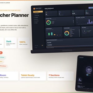 May include: A digital teacher planner interface displayed on a laptop and tablet screen. The dark mode dashboard features charts, attendance tracking, and lesson planning tools. Text includes Teacher Planner, Daily Dashboard, and Focus Room.