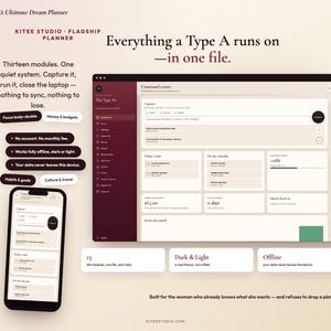 May include: A digital planner interface displayed on a laptop screen and a smartphone, featuring a dark maroon sidebar and cream-colored dashboard. Text includes 'The Type A's Ultimate Dream Planner', 'Everything a Type A runs on—in one file', and 'Thirteen modules. One quiet system. Capture it, run it, close the laptop—nothing to sync, nothing to lose.'