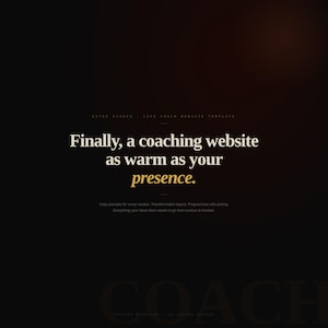 May include: Dark background with text: "Finally, a coaching website as warm as your presence." Additional text includes "AITRE STUDIO - LIFE COACH WEBSITE TEMPLATE" and other website-related phrases. The word "presence" is in gold.