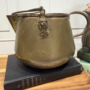 May include: A vintage brass vessel with a wide, rounded body, a pouring spout, and a curved handle. The piece features a prominent metal lion head ornament at the top where the handle attaches, showcasing a weathered, aged patina finish.