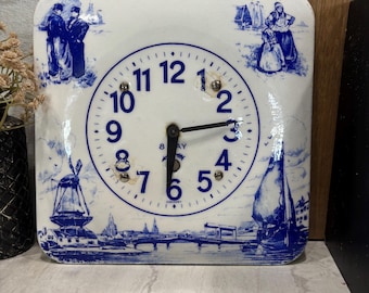 Vintage Antique German 8-Day Clock Face – Blue and White Delft Style Porcelain on Steel – Windmill and Dutch Scenery