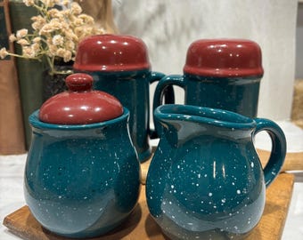 Vintage gesprenkelte Teal Steinzeug Zuckerrahm & Salz Pfefferstreuer Set | Rustikale Bauernhaus Küche Dekor | Hüttenstil