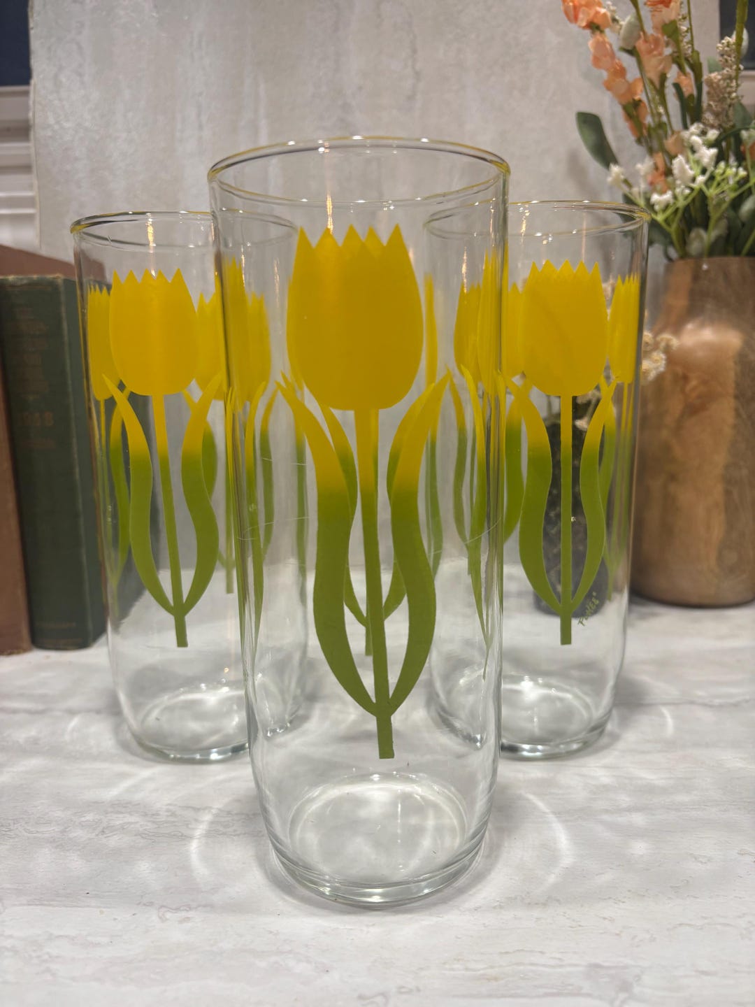 Spring Home Barware Vintage Tulip Drinking Glasses Set of 6 – Yellow & Green Floral ...