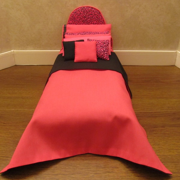 Puppe-Babybett 11 1/2 Zoll Puppen Dark Pink Leopard Reversible Black Tagesdecke weiss getuftet Matratze Kissen