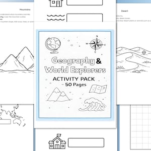 May include: A stack of activity pages for children. The cover of the activity pack is white with the title "Geography & World Explorers" and illustrations of a globe, compass, mountains, map, and waves. The pack contains 50 pages.