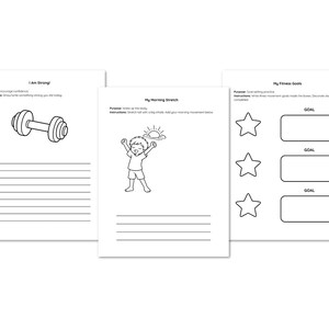 Puede incluir: Tres p&aacute;ginas blancas con dibujos lineales negros y texto. Una p&aacute;gina tiene una ilustraci&oacute;n de mancuernas y el texto "&iexcl;Soy fuerte!". Otra p&aacute;gina tiene un ni&ntilde;o estir&aacute;ndose con el texto "Mi estiramiento matutino". La tercera p&aacute;gina tiene formas de estrella y el texto "Mis objetivos de fitness".