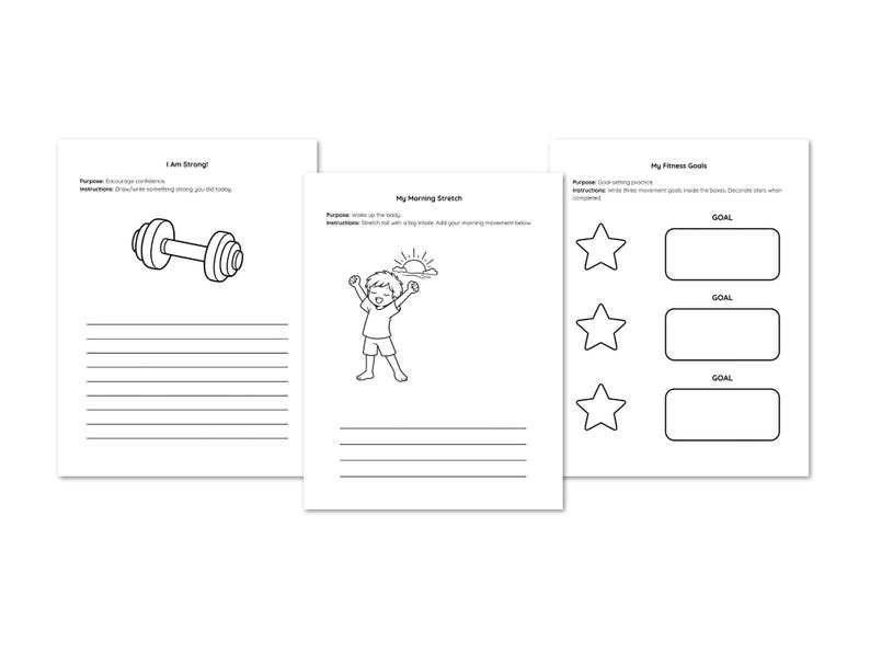 Puede incluir: Tres p&aacute;ginas blancas con dibujos lineales negros y texto. Una p&aacute;gina tiene una ilustraci&oacute;n de mancuernas y el texto "&iexcl;Soy fuerte!". Otra p&aacute;gina tiene un ni&ntilde;o estir&aacute;ndose con el texto "Mi estiramiento matutino". La tercera p&aacute;gina tiene formas de estrella y el texto "Mis objetivos de fitness".
