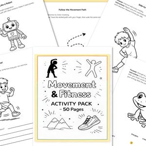 Puede incluir: Paquete de actividades en blanco y negro titulado "Movement & Fitness" con ilustraciones de ejercicios, un robot y un ni&ntilde;o corriendo. El paquete incluye 50 p&aacute;ginas de actividades.
