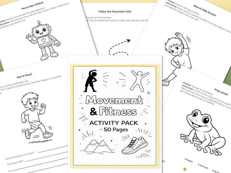 Puede incluir: Paquete de actividades en blanco y negro titulado "Movement & Fitness" con ilustraciones de ejercicios, un robot y un ni&ntilde;o corriendo. El paquete incluye 50 p&aacute;ginas de actividades.