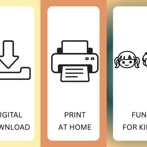 Puede incluir: Gr&aacute;fico con tres paneles. El primero muestra un icono de descarga con las palabras "DESCARGA DIGITAL". El segundo muestra un icono de impresora con "IMPRIMIR EN CASA". El tercero muestra dos caras de dibujos animados con "DIVERSI&Oacute;N PARA NI&Ntilde;OS".