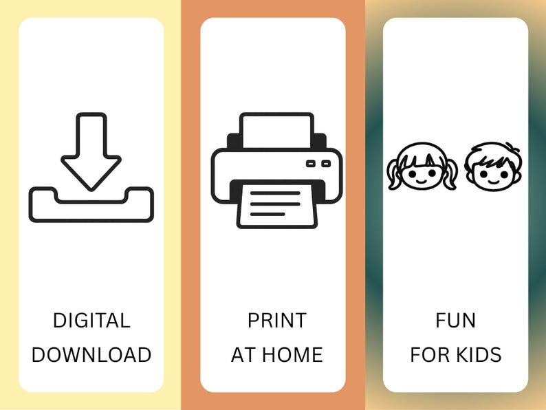Puede incluir: Gr&aacute;fico con tres paneles. El primero muestra un icono de descarga con las palabras "DESCARGA DIGITAL". El segundo muestra un icono de impresora con "IMPRIMIR EN CASA". El tercero muestra dos caras de dibujos animados con "DIVERSI&Oacute;N PARA NI&Ntilde;OS".