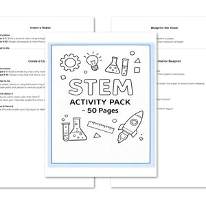 May include: A STEM Activity Pack with a blue border, featuring a rocket, lightbulb, and other science-related illustrations. The cover reads "STEM ACTIVITY PACK - 50 Pages". Accompanying pages with instructions are visible.