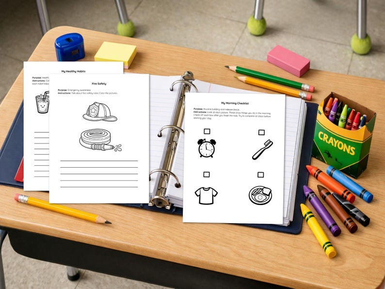 May include: A three-ring binder containing educational activity sheets with black and white line drawings. The sheets feature titles like My Healthy Habits, Fire Safety, and My Morning Checklist, accompanied by illustrations of a helmet, hose, clock, and toothbrush.