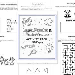 May include: A black and white activity pack titled "Logic, Puzzles & Brain Games" with 50 pages. The cover features a maze, puzzle piece, and lightbulb illustrations. Additional pages include a maze challenge, code breaker, and picture story builder.