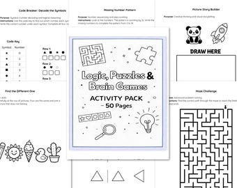Paquete de lógica y rompecabezas para niños (PDF): 50 fichas imprimibles de juegos mentales