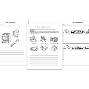 May include: Three black and white printable activity sheets featuring line art illustrations. The pages include Basic Kitchen Safety with a stove, oven mitt, and knife, Chores I Can Do Independently with six tasks, and My Weekend Routine for Saturday and Sunday.