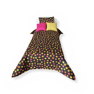 Black Floral Doll Bedding Set: 14.5 inch Doll Bed, Handmade Cotton
