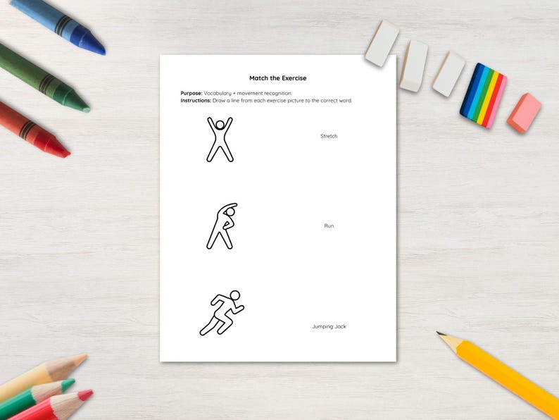 Puede incluir: Una hoja de trabajo titulada "Relaciona el ejercicio" con ilustraciones de ejercicios y palabras correspondientes. La hoja de trabajo est&aacute; rodeada de crayones, l&aacute;pices y gomas de borrar de colores. El prop&oacute;sito es el reconocimiento del vocabulario y el movimiento.
