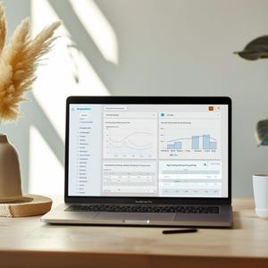 Peut inclure: Un ordinateur portable affiche une interface d'analyse de données sur un bureau en bois. Une tasse en céramique blanche et un vase avec de l'herbe de la pampa séchée sont également sur le bureau. L'écran de l'ordinateur affiche des graphiques, avec un stylet noir à proximité.