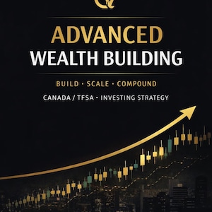 May include: A black and gold graphic with the text "ADVANCED WEALTH BUILDING." The image includes a rising arrow, a cityscape, and icons representing wealth, strategy, and income. The text also includes "BUILD • SCALE • COMPOUND" and "CANADA / TFSA • INVESTING STRATEGY."