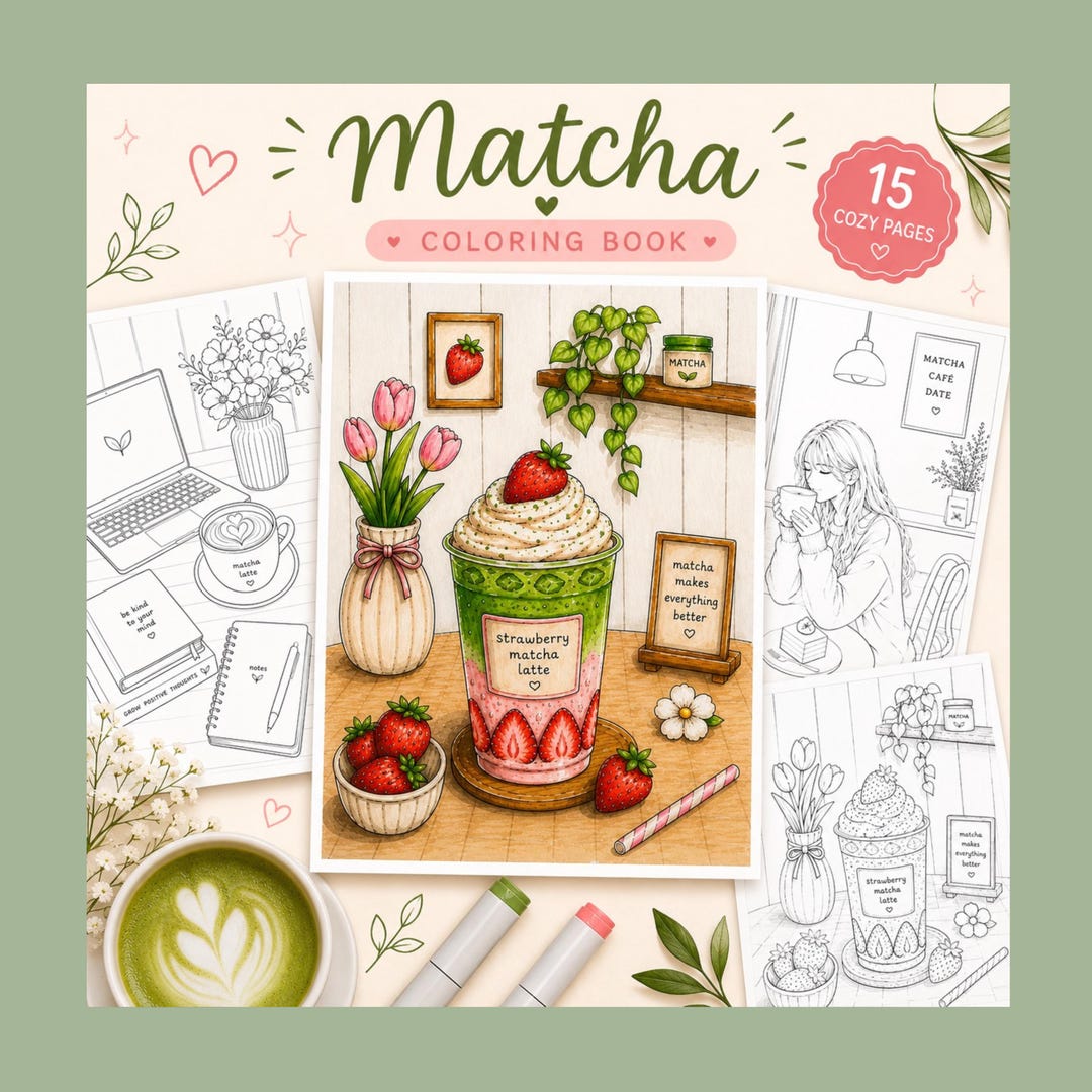 Matcha Coloring Matcha Coloring Book PDF | Cozy Coffee Coloring Pages | Cute Aesthetic ...