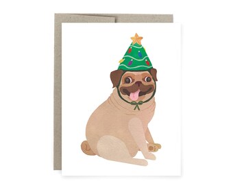 Pug Lover Christmas Card, Pug Lover Holiday Card, Christmas Tree, Pug Dog Christmas Card