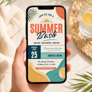 May include: A smartphone screen displaying a digital invitation for a Summer Bash. The graphic features a sun, palm leaf, and lemon slices with text reading Join Us For A Summer Bash, Sunday June 25, Noon to 7:00 PM, and The Jimmy Residence 123 Main St.