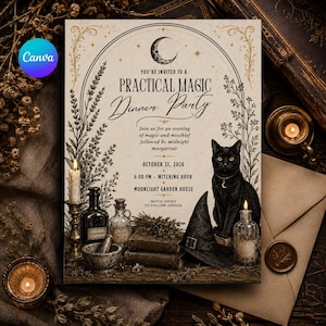 May include: A rectangular invitation card featuring a black cat, a witch hat, candles, and glass bottles. The text reads: You're invited to a Practical Magic Dinner Party, October 31, 2026, 6:00 PM - Witching Hour, at Moonlight Garden House.