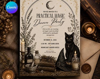 May include: A rectangular invitation card featuring a black cat, a witch hat, candles, and glass bottles. The text reads: You're invited to a Practical Magic Dinner Party, October 31, 2026, 6:00 PM - Witching Hour, at Moonlight Garden House.