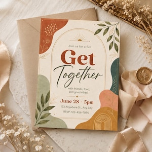 May include: A rectangular invitation card featuring an arched frame, botanical illustrations, and abstract shapes in terracotta, sage green, and mustard yellow. The text reads: Join us for a fun Get Together with friends, food, and good vibes! June 28 - 5pm.