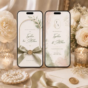 Puede incluir: Dos teléfonos inteligentes que muestran invitaciones de boda digitales para Tophia y Athan. Las pantallas presentan cintas verde salvia, sellos de cera dorados, detalles florales en acuarela y una tipografía elegante con la fecha 28 de septiembre de 2026.