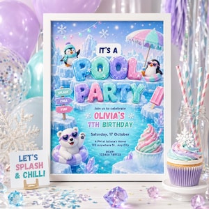 May include: A rectangular birthday invitation print featuring a winter-themed pool party with penguins and a polar bear in inner tubes. The text reads IT'S A POOL PARTY, Join us to celebrate OLIVIA'S 7TH BIRTHDAY, Saturday, 17 October, 4 PM at Juliana's Home.