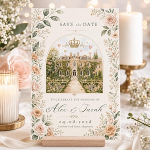 May include: A rectangular Save the Date card featuring a watercolor illustration of a manor house framed by pink roses and greenery. The text reads: Save the Date, Alex & Tarah, 24.06.2026, Littleton Park House, Shepperton, with a gold crown icon.