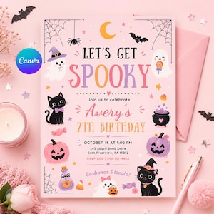 May include: A rectangular pink birthday invitation card featuring Halloween graphics including ghosts, black cats, pumpkins, a cauldron, bats, and spiderwebs. The text reads Let's Get Spooky, Avery's 7th Birthday, October 15 at 1:00 PM, and address details.