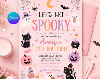 May include: A rectangular pink birthday invitation card featuring Halloween graphics including ghosts, black cats, pumpkins, a cauldron, bats, and spiderwebs. The text reads Let's Get Spooky, Avery's 7th Birthday, October 15 at 1:00 PM, and address details.