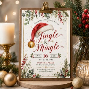May include: A wooden clipboard holding a Christmas party invitation with the text Jingle & Mingle, featuring a red Santa hat, a gold jingle bell, and watercolor illustrations of pine branches and red berries on a cream background.