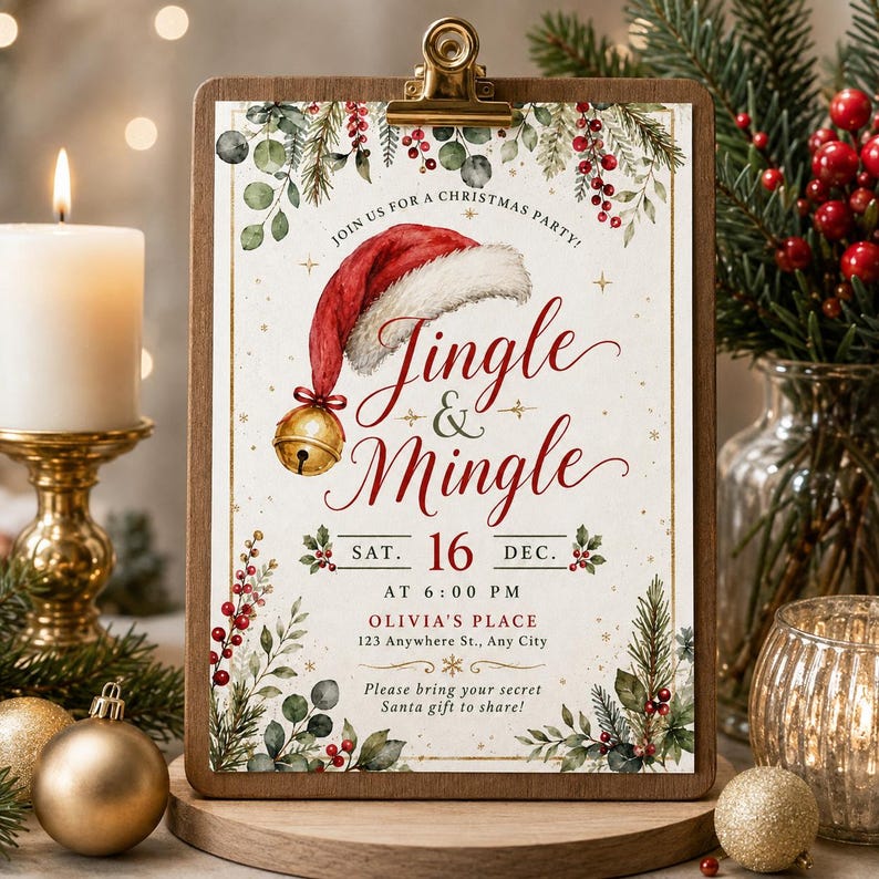 May include: A wooden clipboard holding a Christmas party invitation with the text Jingle & Mingle, featuring a red Santa hat, a gold jingle bell, and watercolor illustrations of pine branches and red berries on a cream background.