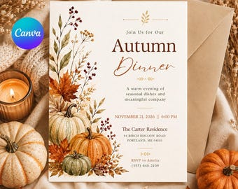 Thanksgiving Dinner Invitation | Elegant Autumn Pumpkin Fall Dinner Invite | Watercolor Harvest Gathering | Editable Template