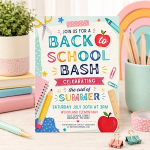 May include: A rectangular Back to School Bash invitation card featuring colorful school supply illustrations including scissors, pencils, apples, and paper clips. The text reads: JOIN US FOR A BACK TO SCHOOL BASH CELEBRATING THE END OF SUMMER.