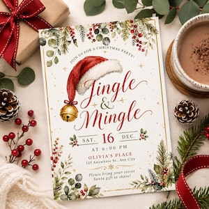 May include: A rectangular Christmas party invitation card featuring a red Santa hat with a gold jingle bell, decorated with watercolor pine branches and red berries. The text reads: Join us for a Christmas party! Jingle & Mingle, Sat. 16 Dec. at 6:00 PM, Olivia's Place, 123 Anywhere St., Any City. Please bring your secret Santa gift to share!