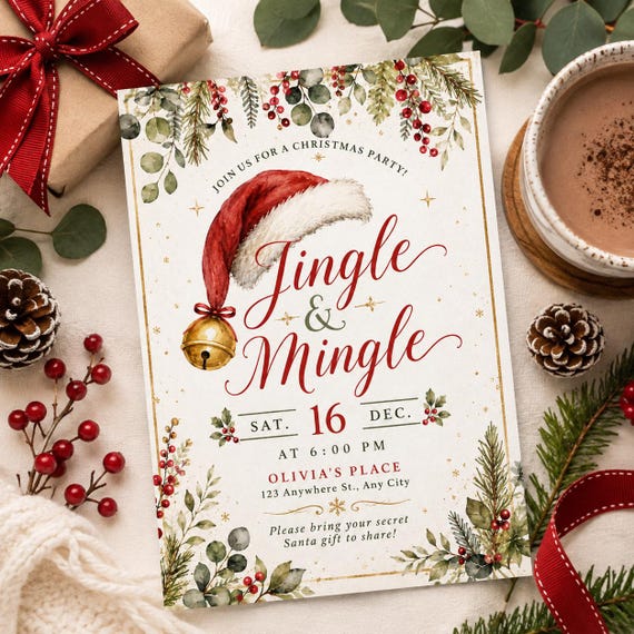 Jingle & Mingle Christmas Party Invitation, Editable Christmas Invite, Holiday Party Canva Template, Secret Santa Invitation