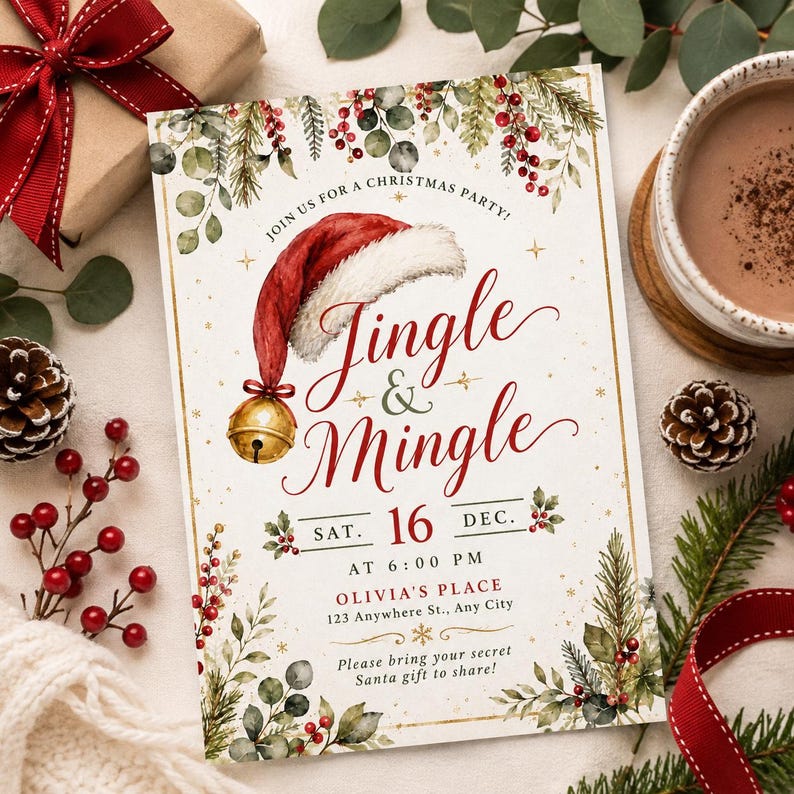 May include: A rectangular Christmas party invitation card featuring a red Santa hat with a gold jingle bell, decorated with watercolor pine branches and red berries. The text reads: Join us for a Christmas party! Jingle & Mingle, Sat. 16 Dec. at 6:00 PM, Olivia's Place, 123 Anywhere St., Any City. Please bring your secret Santa gift to share!