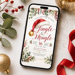 May include: A smartphone displaying a digital Christmas party invitation with a red Santa hat and gold bell graphic. The text reads Jingle & Mingle, Sat. 16 Dec. at 6:00 PM, Olivia's Place, 123 Anywhere St., Any City, and includes a secret Santa gift note.