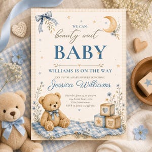 Redigerbar inbjudan till babyshower med björn, Vi kan vänta pojkeinbjudan (digital nedladdning)